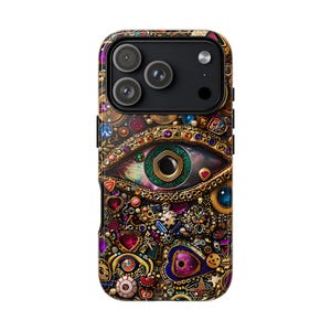 Evil Eye Charm Mosaic Phone Case, Collage Design with Realistic Gold and Purple Gem Effects for iPhone 16, 15, 14, 13 Pro Max, Galaxy, Pixel