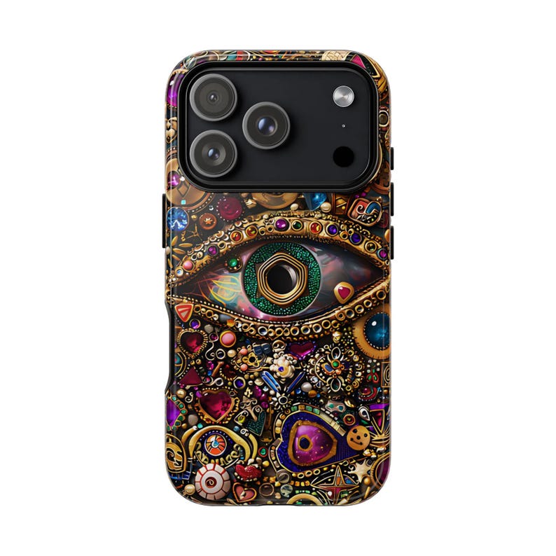 Evil Eye Charm Mosaic Phone Case, Collage Design with Realistic Gold and Purple Gem Effects for iPhone 16, 15, 14, 13 Pro Max, Galaxy, Pixel
