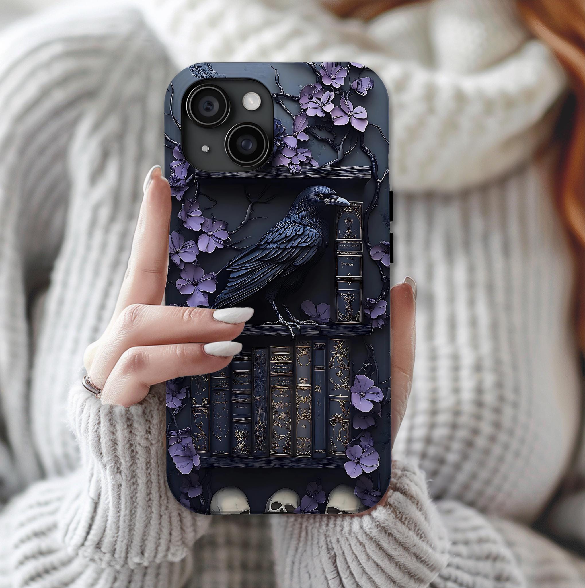 Gothic Raven Bookshelf Phone Case: Dark Academia Style iPhone Samsung galaxy Gift Book Lovers