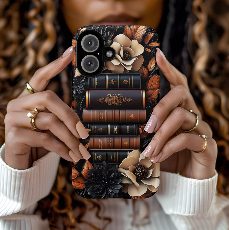Brown Floral Bookshelf Phone Case, 3D looks Bookish Flower Aesthetic, Unique iPhone 16 15 14 13 12, Galaxy, Pixel Case, Cute Book Lover Gift