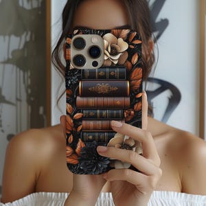 Brown Floral Bookshelf Phone Case, 3D looks Bookish Flower Aesthetic, Unique iPhone 16 15 14 13 12, Galaxy, Pixel Case, Cute Book Lover Gift