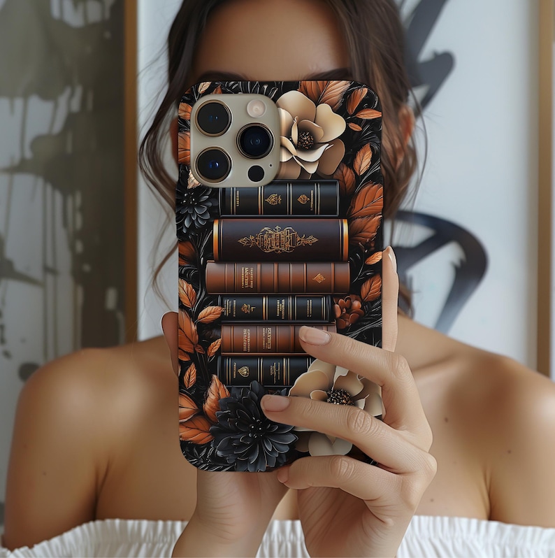 Brown Floral Bookshelf Phone Case, 3D looks Bookish Flower Aesthetic, Unique iPhone 16 15 14 13 12, Galaxy, Pixel Case, Cute Book Lover Gift