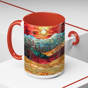 Christmas Mountain Mug Faux Stained Glass Sunset Landscape Ceramic Cup Winter Nature Scene with Trees Cozy Coffee or Tea Gift Idea