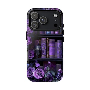 Bookish Phone Case, Purple Floral Vintage Library Design, Dark Academia Gothic Aesthetic for iPhone 16 15 14, Galaxy, Pixel 9 pro case.