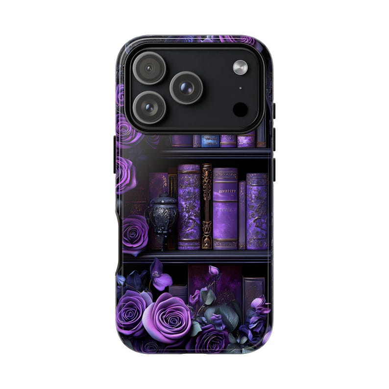 Bookish Phone Case, Purple Floral Vintage Library Design, Dark Academia Gothic Aesthetic for iPhone 16 15 14, Galaxy, Pixel 9 pro case.