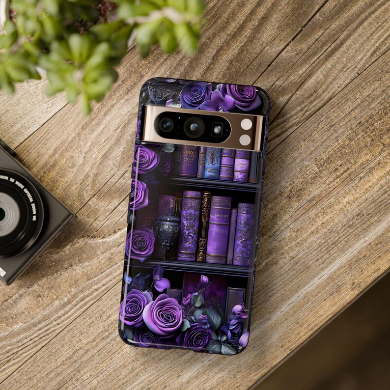 Bookish Phone Case, Purple Floral Vintage Library Design, Dark Academia Gothic Aesthetic for iPhone 16 15 14, Galaxy, Pixel 9 pro case.