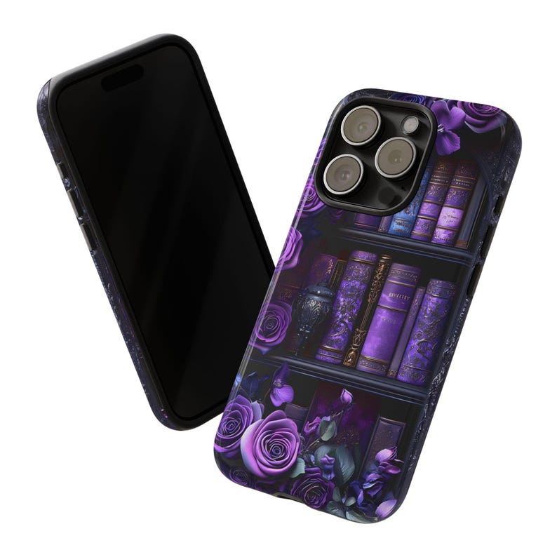 Bookish Phone Case, Purple Floral Vintage Library Design, Dark Academia Gothic Aesthetic for iPhone 16 15 14, Galaxy, Pixel 9 pro case.