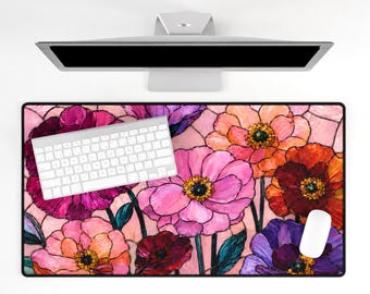 Pink Wildflower Desk Mat: Stained Glass Art, Floral Keyboard Pad Book lover Gift
