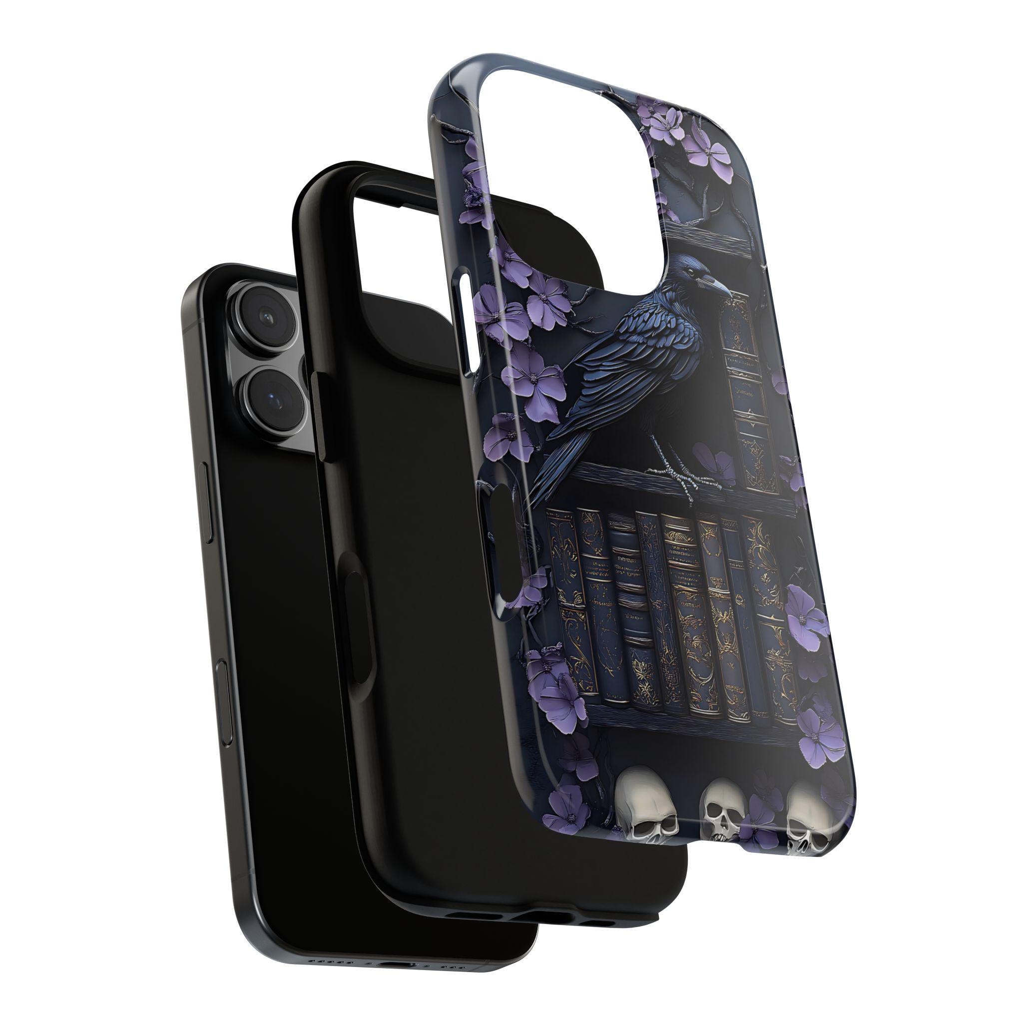 Purple Gothic Raven Bookshelf Phone Case, Gift for Book Lovers, Library Dark Academia Aesthetic, iPhone 16 15, GalaxyS25, Pixel 9 Pro Case
