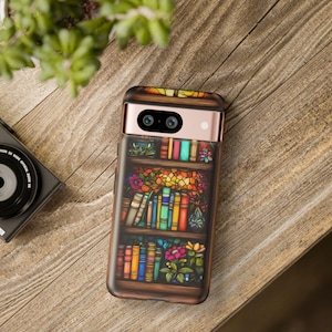 Faux Stained Glass Bookshelf Phone Case, Librarian Gift Idea, Reading Theme Cover for Book Lovers, iPhone 16 15 14 Pro, Pixel 9 Pro, Galaxy.