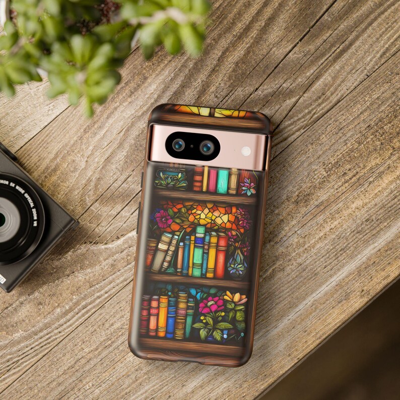 Faux Stained Glass Bookshelf Phone Case, Librarian Gift Idea, Reading Theme Cover for Book Lovers, iPhone 16 15 14 Pro, Pixel 9 Pro, Galaxy.