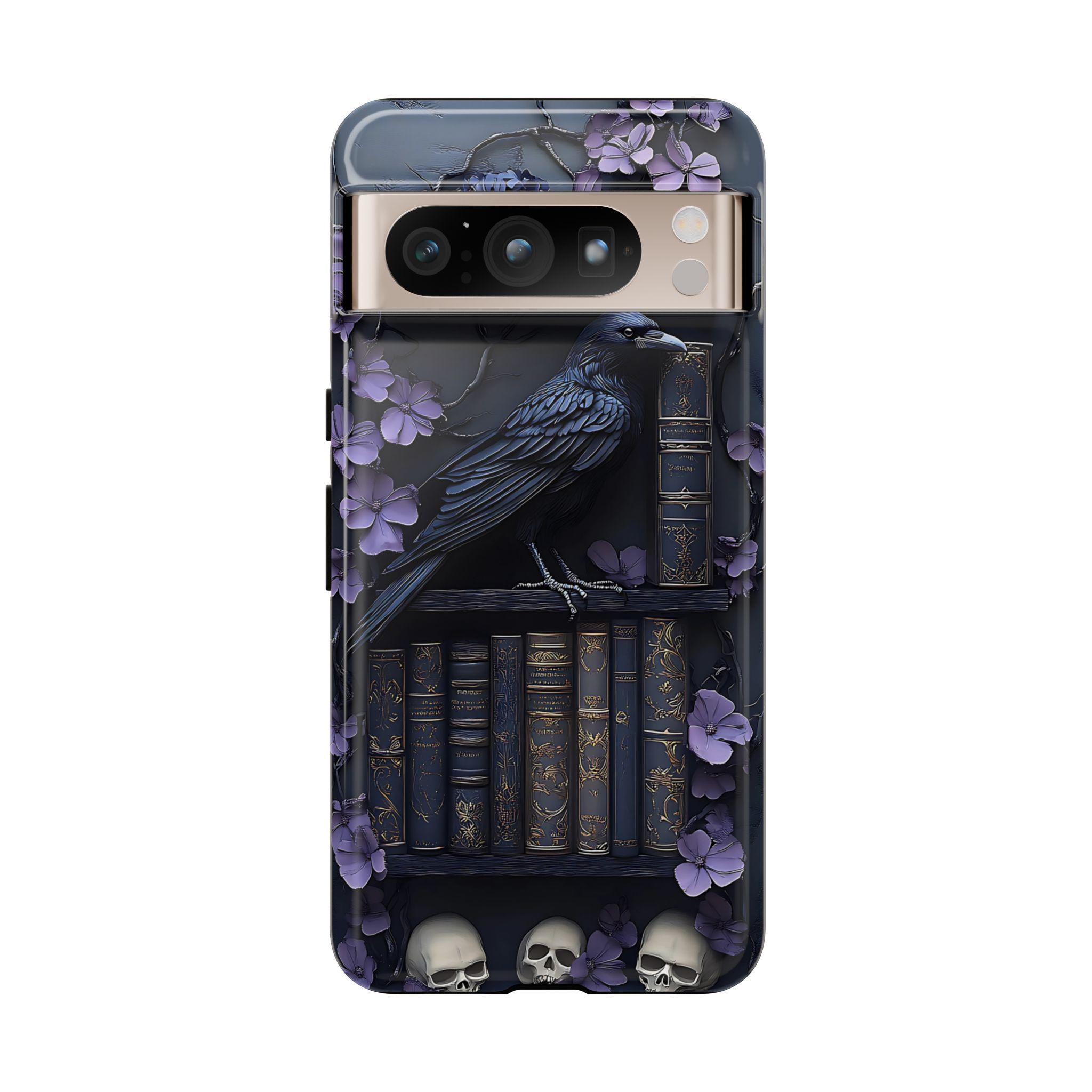 Purple Gothic Raven Bookshelf Phone Case, Gift for Book Lovers, Library Dark Academia Aesthetic, iPhone 16 15, GalaxyS25, Pixel 9 Pro Case