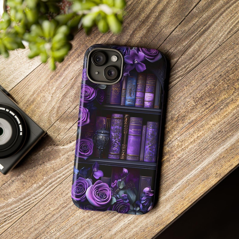 Bookish Phone Case, Purple Floral Vintage Library Design, Dark Academia Gothic iPhone Galaxy, Pixel Bild 10