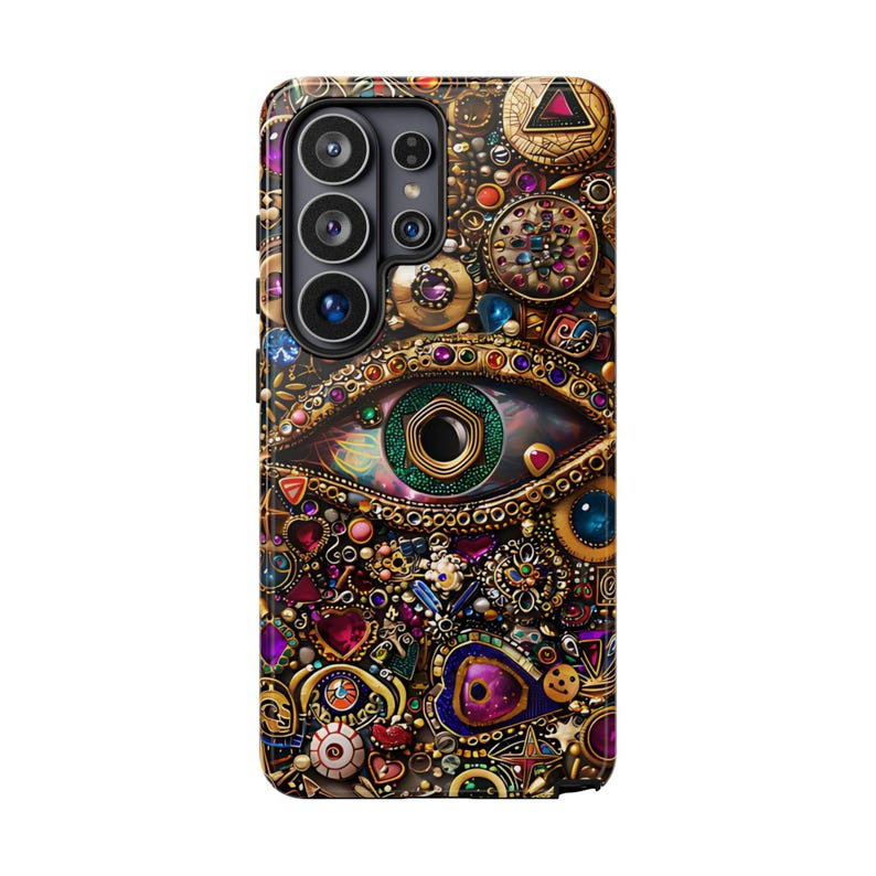 Evil Eye Charm Mosaic Phone Case, Collage Design with Realistic Gold and Purple Gem Effects for iPhone 17, 16, 15, 14, 13 Pro Max, Galaxy S26, S25, S24, Pixel 9 Pro case