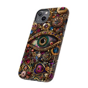 Evil Eye Charm Mosaic Phone Case, Collage Design with Realistic Gold and Purple Gem Effects for iPhone 16, 15, 14, 13 Pro Max, Galaxy, Pixel