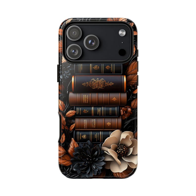 Brown Floral Bookshelf Phone Case, Bookish Flower Unique iPhone Galaxy Pixel Book Lover Gift image 2