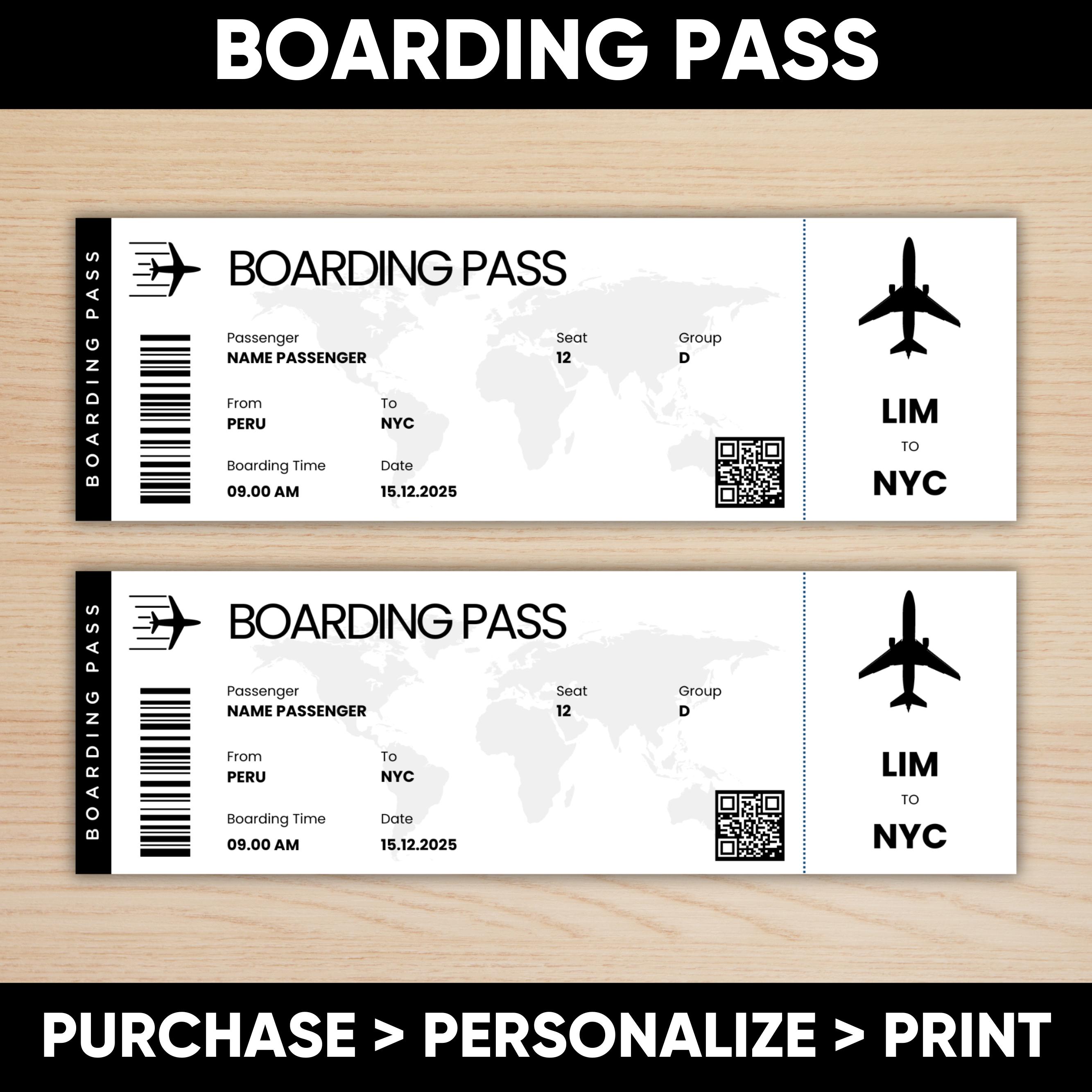 Editable Boarding Pass Template Printable Personalized Airline Ticket