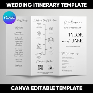 Programa de bodas tríptico, plantilla de tarjeta de itinerario de eventos de boda, orden de eventos de boda minimalista, tarjeta de detalles trípticos de boda editables