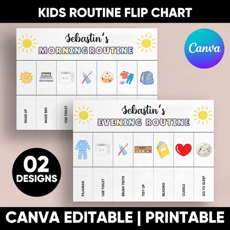 Kids Flip Routine Chart Editable Printable, Morning Evening Bedtime ...