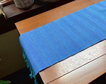 Beachy Handwoven Striped Blue & Periwinkle Table Runner with Aqua Fringe