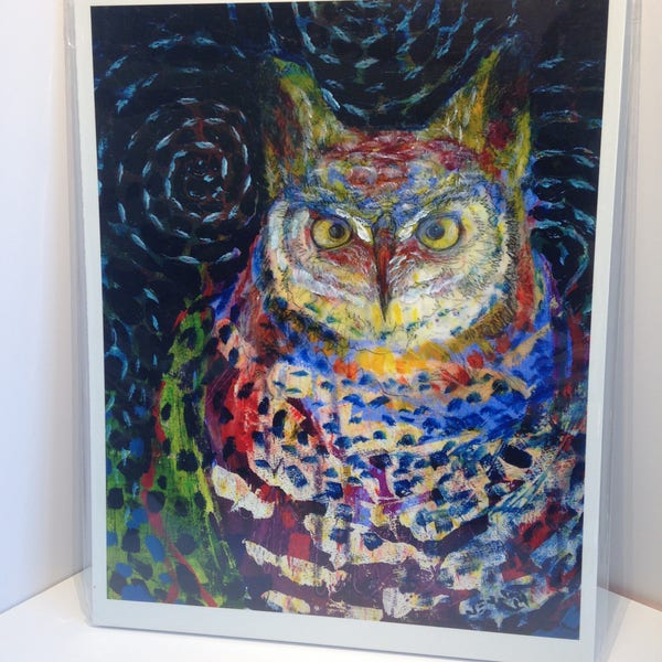 Modern Owl Art - "Owl Under a Starry Night" - Fine Art Print by Jenlo