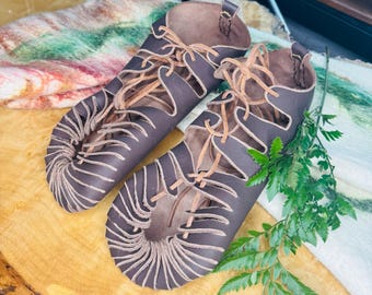 Handmade Leather Ghillie Shoes, Traditional Barefoot Moccasins, Renaissance Festival Footwear