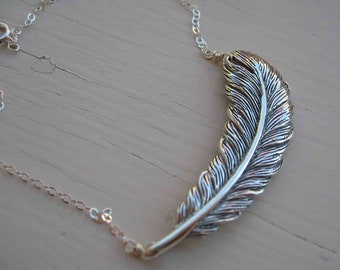 Large Feather Sterling Silver Necklace with lots of detail and hefty weigh. Chain can be customized.