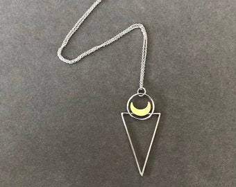 geometric necklace, bronze moon necklace, triangle necklace, moon necklace, mixed metal necklace, sterling silver moon triangle necklace