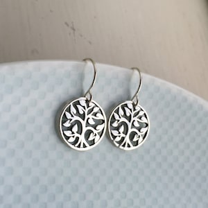 sterling silver tree of life earrings, small tree of life earrings, tree earrings, circle earrings, modern earrings, cute earrings