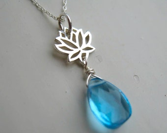 Lotus Flower and Genuine Swiss Blue Topaz sterling silver necklace (only a few left) for charity