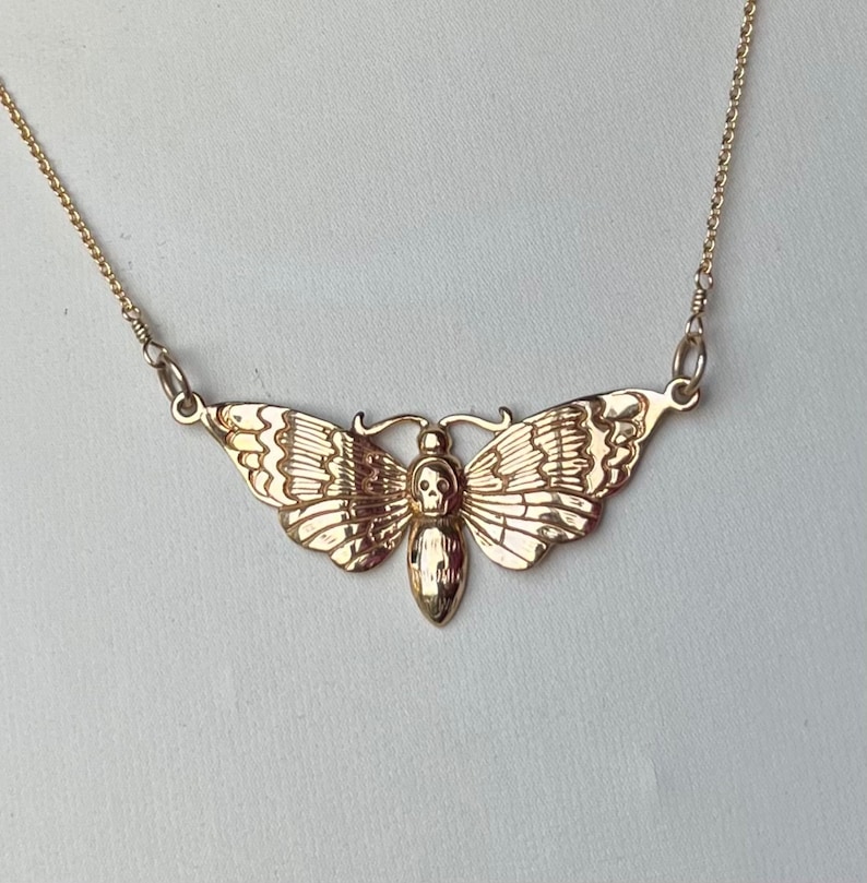 Death's head moth gold filled necklace with bronze charm, hawkmoth necklace, gold death's head moth necklace, bronze death's head charm image 2