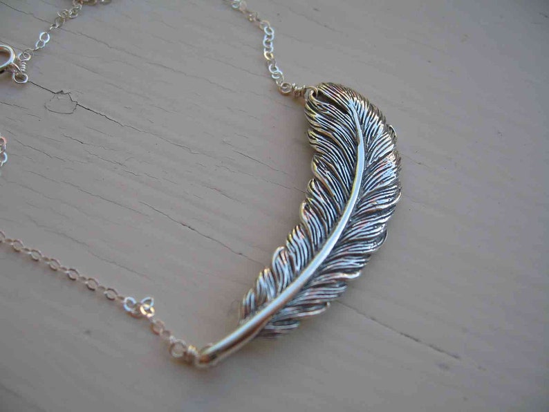 Large Feather Sterling Silver Necklace with lots of detail and hefty weigh. Chain can be customized. image 1