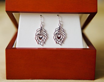 Pfauenfeder Sterling Silber Ohrringe, Federohrringe, Sterlingsilberohrringe - LAST ZWEI, letzte Chance