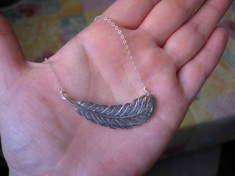 Large Feather Sterling Silver Necklace with lots of detail and hefty weigh. Chain can be customized. image 3