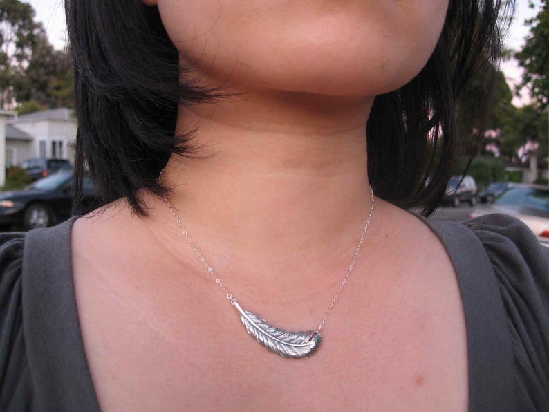Large Feather Sterling Silver Necklace with lots of detail and hefty weigh. Chain can be customized. image 2