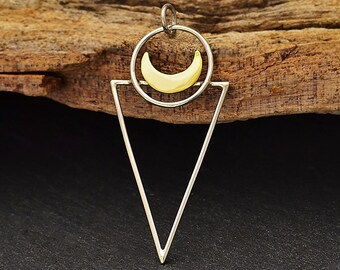 geometric necklace, bronze moon necklace, triangle necklace, moon necklace, mixed metal necklace, sterling silver moon triangle necklace