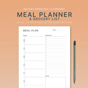 Tygodniowy plan posiłków i szablon listy zakupów | 7-dniowy planer menu | Wydrukowany planer żywności | Fitness | Opcje A4, A5, Letter, Half-Size