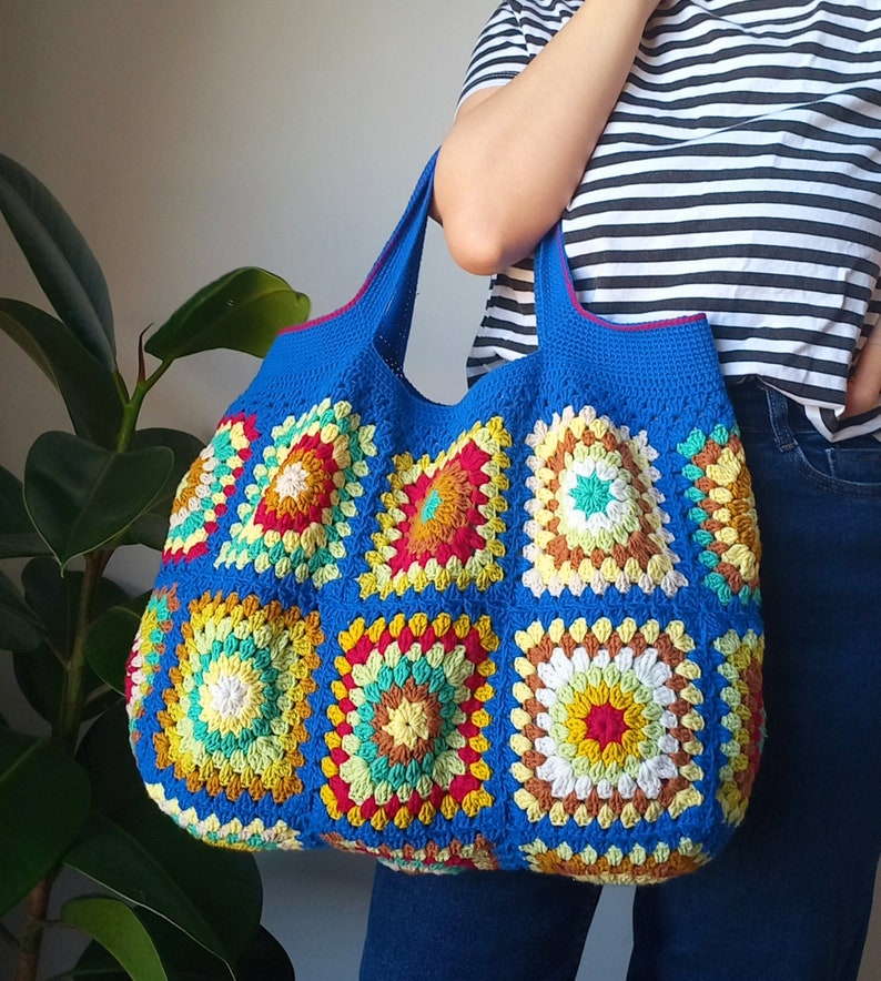 Crochet bag Women's bag grany sguare with a sax blue motif zdjęcie 2