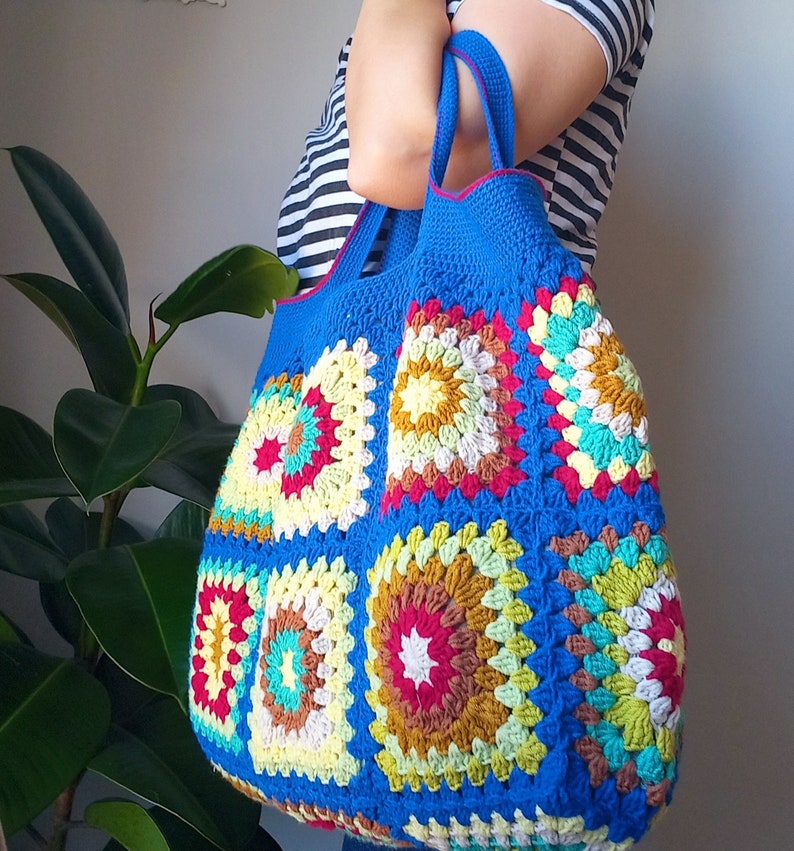 Crochet bag Women's bag grany sguare with a sax blue motif zdjęcie 7