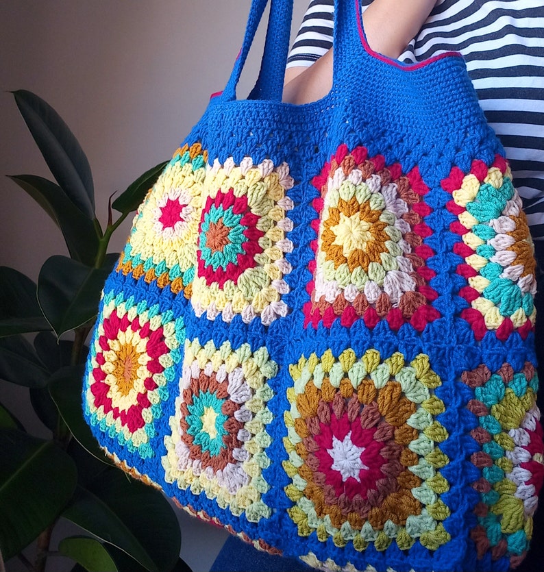 Crochet bag Women's bag grany sguare with a sax blue motif zdjęcie 6
