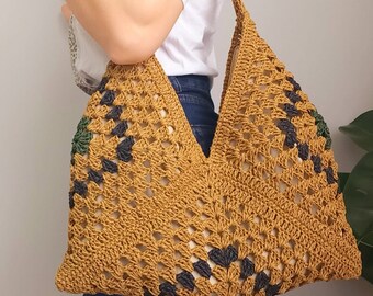 Crochet raffia bag , Crochet bag, Crochet shoulder bag, Knit bag, Vintage bag ,Raffia shoulder bag, Marked bag ,Handmade bag ,