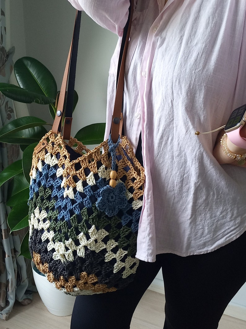 Crochet bag, Raffia bag, Shoulder bag, Handmade bag,Daıly bag, Granny square bag , Boho bag zdjęcie 2