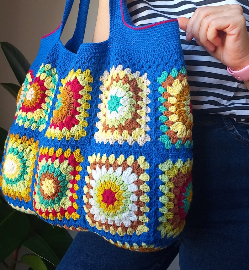 Crochet bag Women's bag grany sguare with a sax blue motif zdjęcie 3