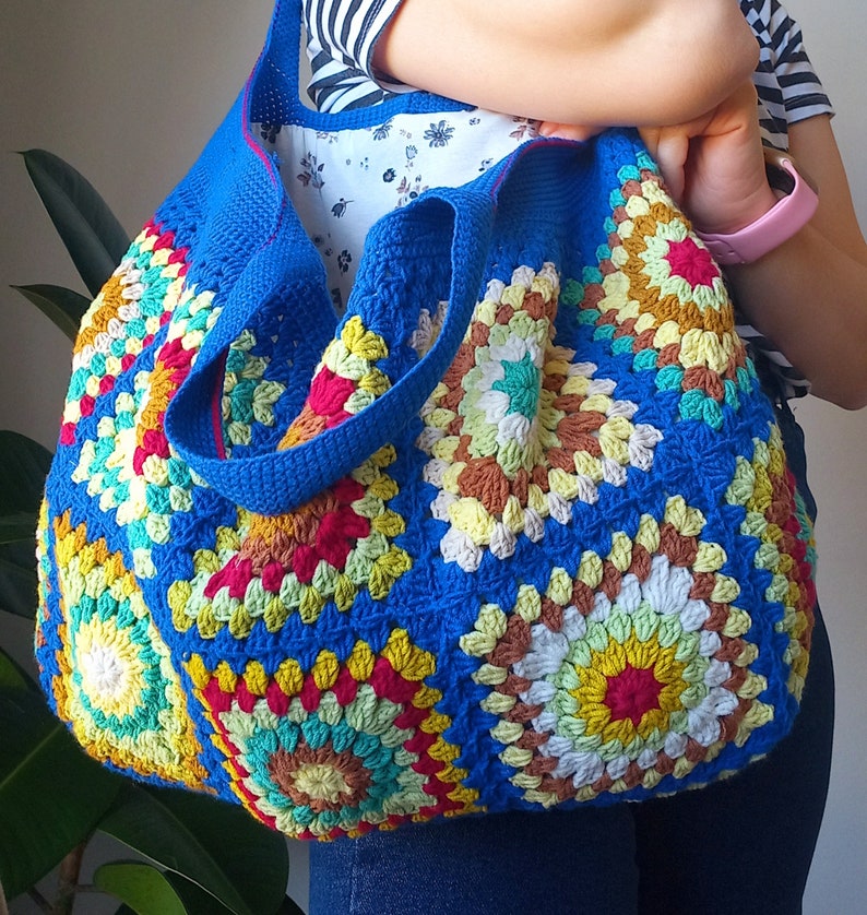 Crochet bag Women's bag grany sguare with a sax blue motif zdjęcie 5