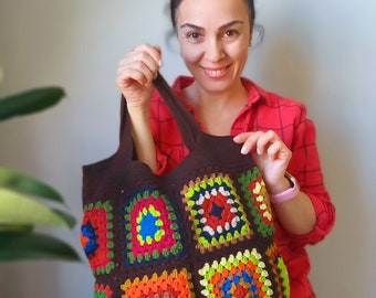 Crochet bag, Crochet tote bag, Granny square bag, Shoulder bag, Handmade bag, Hippi bag, Boho bag, Brown bag, Mama staff bag