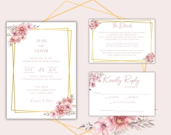 Plantilla Canva de la suite de invitación de boda, invitación elegante editable y confirmación de asistencia, detalles y tarjetas de agradecimiento para el conjunto de papelería de un día especial