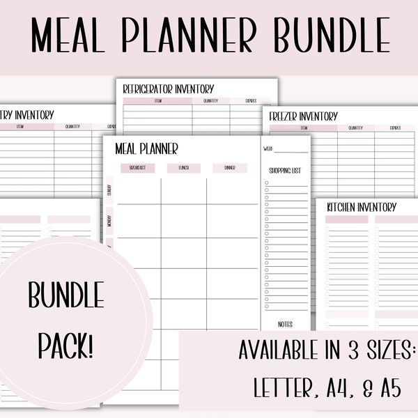 Weekly Meal Planner, Grocery List, Kitchen Inventory, Refrigerator Inventory, Freezer Inventory, Pantry Inventory, Minimalist Printable