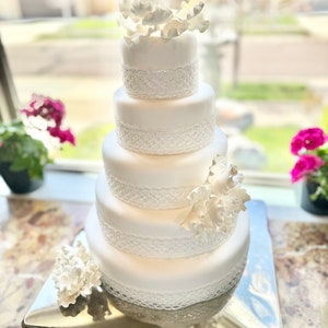 Five Tier Faux Wedding Cake White Lace with Large Peonies - 20 Inches Tall- 1 Available to Ship Today!!