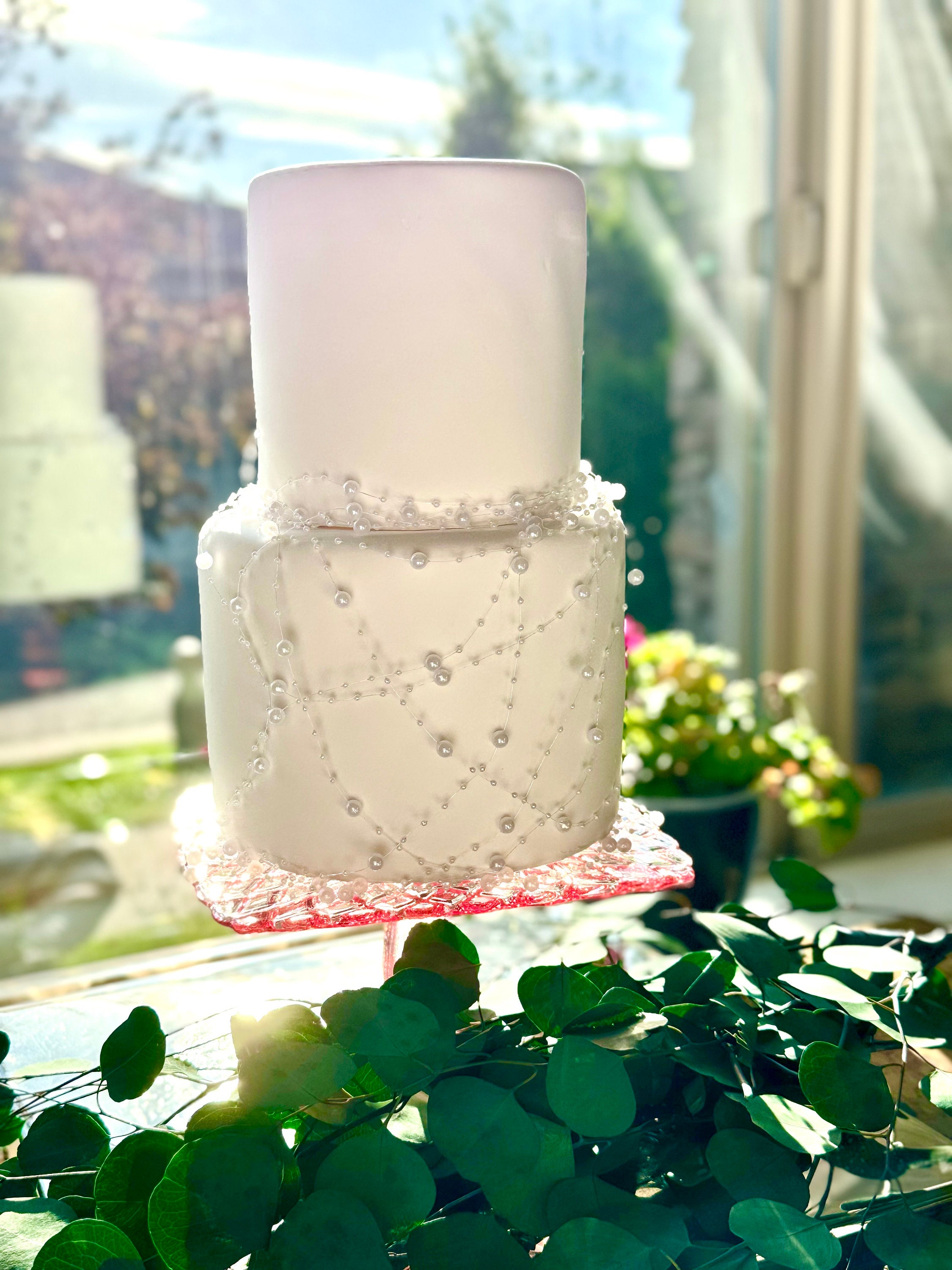 Two Tier Faux Wedding Cake White with White Pearls
