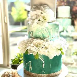 Three Tier Faux Emerald Green Marble Wedding Cake with Peonies - 18 Inches Tall- 1 Available to Ship Today!